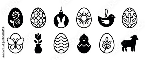 Collection of black Easter icons featuring decorated eggs, a bunny, chick, lamb, and bird in a minimalist graphic style for spring holiday celebration design elements
