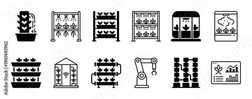 Set of black vertical farming icons representing modern agricultural technology, including symbols for hydroponics, aeroponics, robotic automation, and smart cultivation systems
