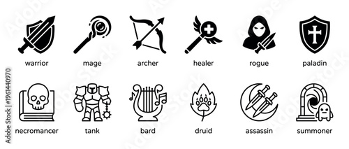 Set of twelve fantasy game character class icons in a minimalist black glyph style, including warrior, mage, archer, healer, rogue, paladin, necromancer, and summoner