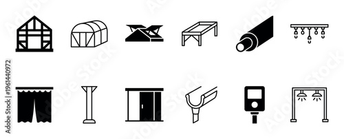 Greenhouse and hydroponics equipment icon set with twelve black glyphs depicting grow lights, irrigation, structures, and tools for modern indoor farming and horticulture
