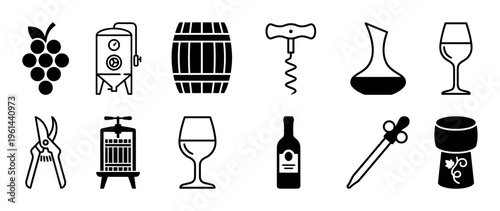 Set of black winemaking icons representing the entire production process from grape to glass, including a barrel, press, bottle, and corkscrew in a minimalist glyph style