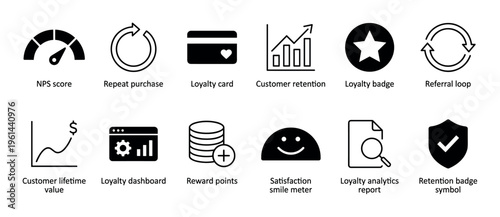 Set of black customer loyalty icons representing business marketing concepts like retention, satisfaction, rewards, and repeat purchase in a minimalist glyph style for presentations