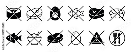 Collection of black food icons crossed out to represent a warning, prohibition, or dietary restriction concept for various products like meat, fish, eggs, and sushi