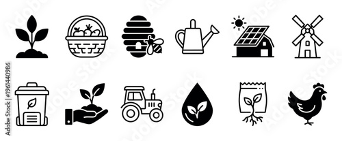 Set of black farming and agriculture icons in glyph and line art styles representing organic production, sustainability, and rural life with a tractor, windmill, and chicken