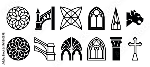 Set of twelve black gothic architecture icons featuring rose windows, pointed arches, a cross, and a gargoyle in a minimalist vector style