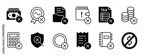 Set of black financial problem icons with a cross mark, including money, tax, wallet, and document symbols representing debt, bankruptcy, error, and rejection concepts