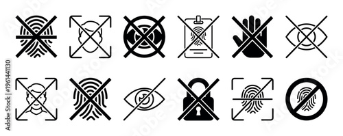 Collection of black biometric prohibition icons showing crossed-out fingerprints, faces, and eyes, representing concepts of privacy, security, and access denied in a simple vector style