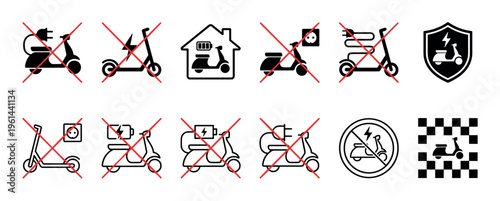 Collection of black electric scooter icons showing rules and regulations for charging, including prohibition signs, safety symbols, and pictograms for urban e-mobility