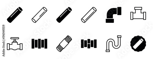 Comprehensive set of plumbing pipes and fittings icons, showcasing various components like straight pipes, elbows, T-joints, and valves in both solid and outline graphic styles