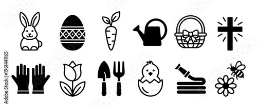 Set of black spring and Easter glyph and line icons featuring a bunny, egg, carrot, watering can, basket, cross, gloves, tulip, gardening tools, chick, and bee