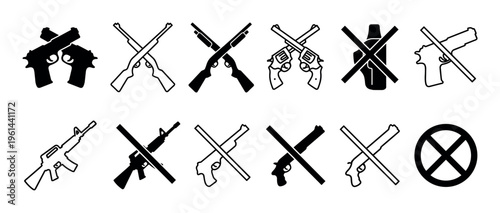 Large set of black weapon restriction icons featuring various crossed-out firearms like handguns, rifles, and shotguns in a simple, bold vector illustration style
