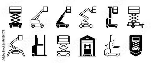 Set of black industrial lift icons featuring various types of machinery like scissor lifts, boom lifts, and forklifts, rendered in a simple, solid glyph style for infographics
