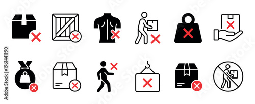 Collection of black and red prohibition icons representing delivery failure, rejected parcels, and shipping errors in a minimalist glyph and line art style for logistics concepts