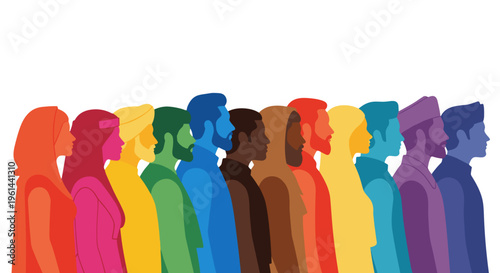 Diverse group of people with different skin tones and clothing in profile rainbow