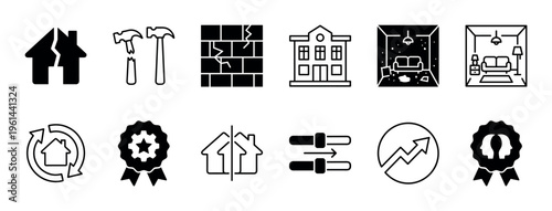 Diverse set of minimalist glyph icons related to housing and property, depicting concepts of renovation, damage, real estate investment, interior design, and quality assurance