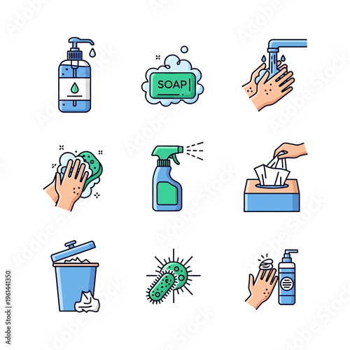Hygiene and Sanitation Icons for Personal Care and Cleaning.