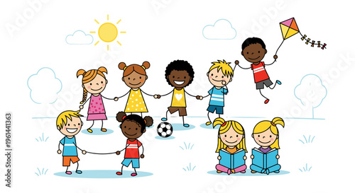 Diverse group of happy children playing together outdoors under a sunny sky