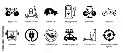 Collection of black sustainable transportation icons representing electric vehicles, eco-friendly mobility, and green energy solutions for modern urban travel and commuting