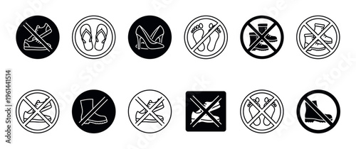 Collection of black and white footwear prohibition icons showing various types of shoes like sneakers, boots, and heels in a simple graphic pictogram set