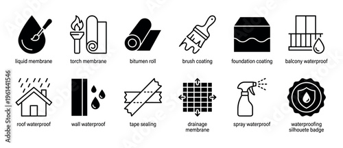 Collection of waterproofing and sealing icons in a black silhouette style for construction and repair, illustrating concepts like membranes, coatings, tape, and drainage systems