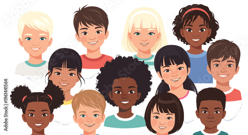 Diverse group of smiling children's faces with varied ethnicities hairstyles
