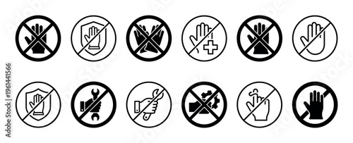Set of black prohibition warning icons showing do not touch, no repair, and other restricted actions in a simple line art and solid glyph style for safety instructions