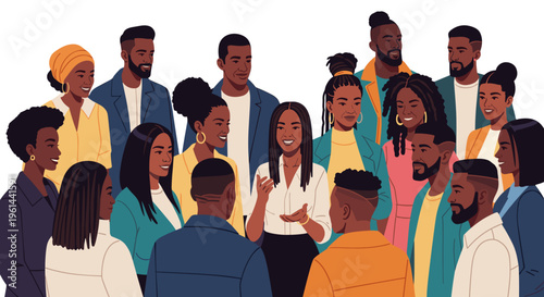 Diverse group of black people in casual clothing engaged in lively conversation