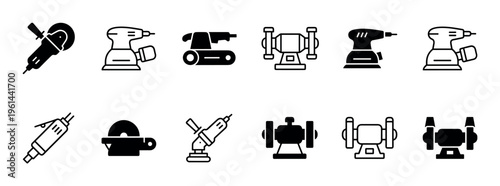 Black power tool icon set collection with glyph and outline styles, including angle grinder, sander, and bench grinder for industrial or DIY projects