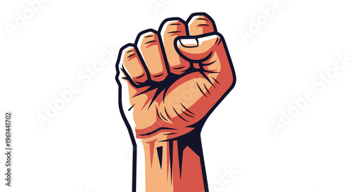 Raised fist symbolizing power protest and solidarity against a clean white