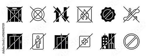 Collection of black and white prohibition icons, clearly illustrating various forbidden actions and restricted areas with universal symbols, presented in a clean, graphic style