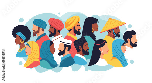 Diverse group of people in profile representing multiculturalism and global unity