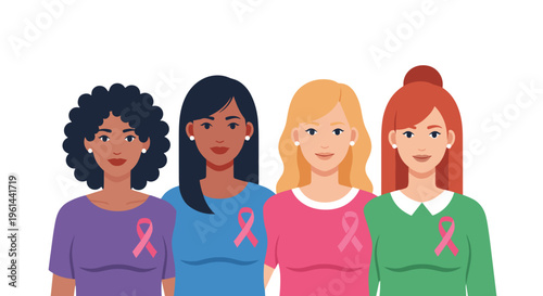 Diverse women united supporting breast cancer awareness with pink ribbons on shirts