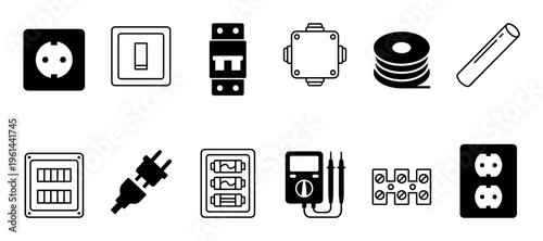 Collection of black electrical equipment icons and symbols showing a socket, switch, circuit breaker, fuse box, plug, and multimeter for electrician work