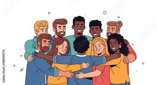 Diverse group of friends hugging in a circle celebrating unity and friendship