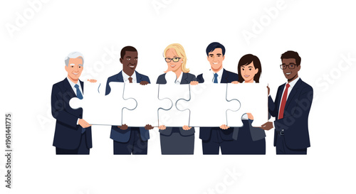 Diverse group of business professionals in suits holding large puzzle pieces