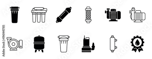 Set of black water filtration icons showing various pumps, filters, and purification systems in a minimalist glyph and outline style for plumbing and treatment concepts