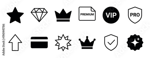 Collection of black premium membership icons including a star, diamond, crown, VIP badge, and pro shield representing quality, exclusivity, and reward status in a simple graphic style