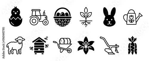 Set of twelve minimalist agricultural icons including a tractor, hatching chick, rabbit, lamb, beehive, and basket of eggs representing farming and the spring season
