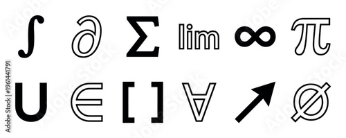 Set of black mathematical and scientific symbols for calculus, algebra, and set theory presented as a clean graphic icon collection for educational or design purposes