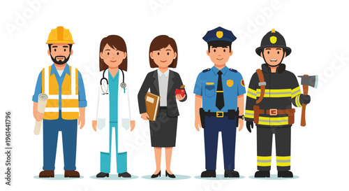 Diverse professionals standing together representing different essential services