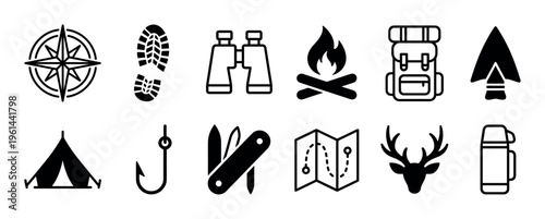 Set of black outline icons for camping, hiking, and outdoor adventure, featuring a compass, boot print, binoculars, campfire, backpack, tent, map, and other essential travel gear