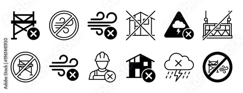 Set of scaffolding safety warning icons in a simple black glyph style, illustrating work prohibitions and dangers like strong wind, lightning storms, and unsafe structures