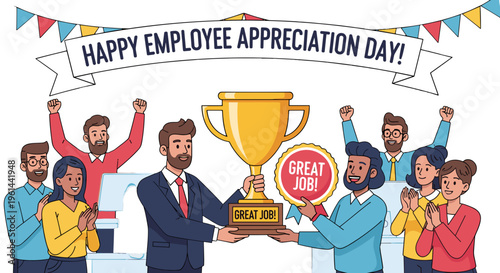 Team celebrates employee appreciation day with golden trophy and positive