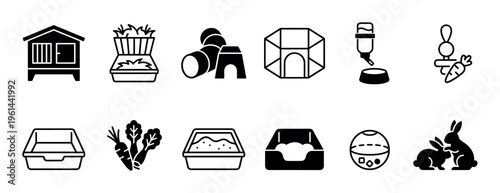 Set of black rabbit care icons showing pet supplies like a hutch, litter box, hay feeder, water bottle, toys, and food in a minimalist glyph and line art style