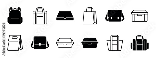 Black lunch bag and food container icons set in minimalist glyph and line art style for takeaway, delivery, and packed meal concepts, showcasing various portable packaging designs