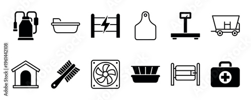 Black and white farming equipment icon set for agriculture and livestock management, including a milking machine, electric fence, scale, and first aid kit in a simple glyph design