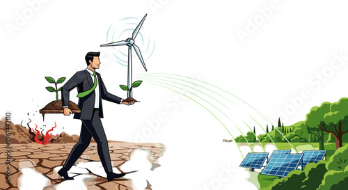 Businessman transitions from arid land to lush environment with renewable energy