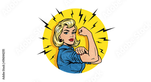 Retro comic book woman flexing bicep muscle with lightning bolts radiating