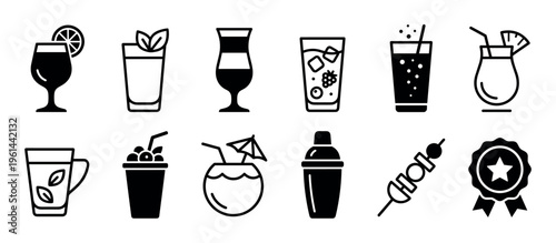 Collection of black minimalist beverage icons showing various cocktails, summer drinks, a shaker, and a quality award symbol in a simple glyph style for graphic design elements