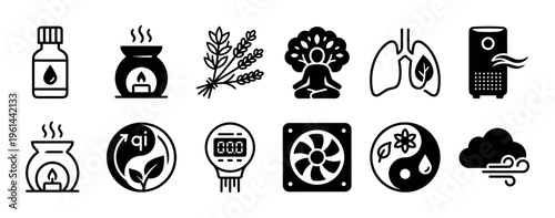 Collection of minimalist glyph icons for aromatherapy and wellness, including essential oil, diffuser, herbs, meditation, lungs, air purifier, and yin yang symbols for relaxation